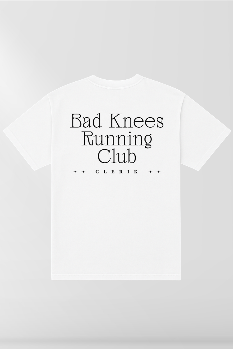 Bad Knees Running Club on White Box Tee
