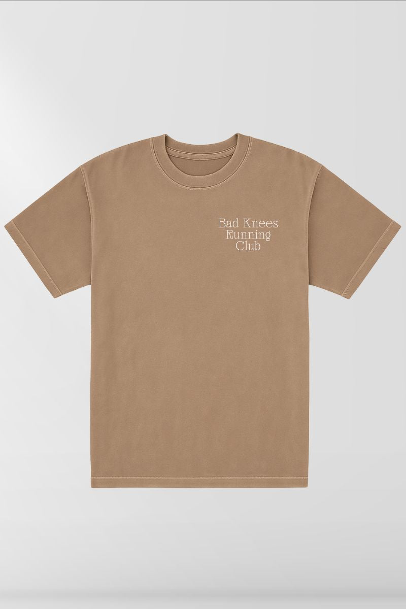 Bad Knees Running Club on Desert Taupe Box Tee