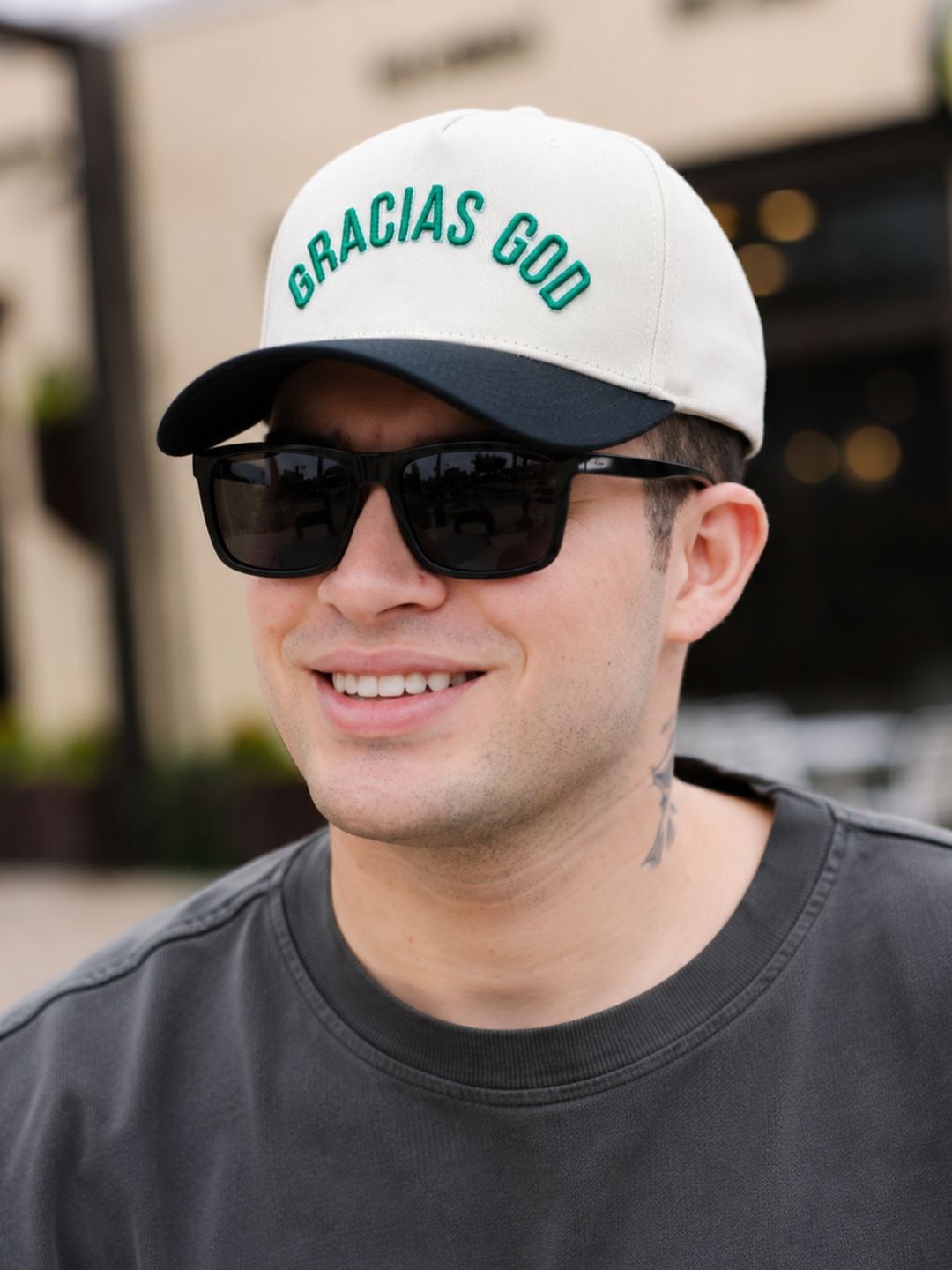 "Gracias God" on Tan Cap with Black Bill