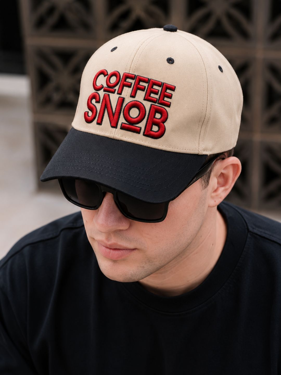 "Coffee Snob" on Tan Cap with Black Bill
