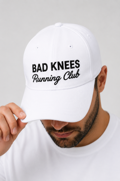 "Bad Knees Running Club" on White Cap