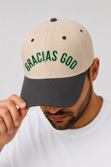 "Gracias God" on Tan Cap with Black Bill