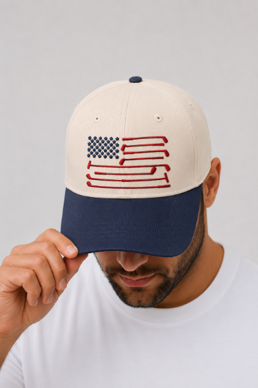 USA Golf Clubs on Tan Cap with Navy Bill