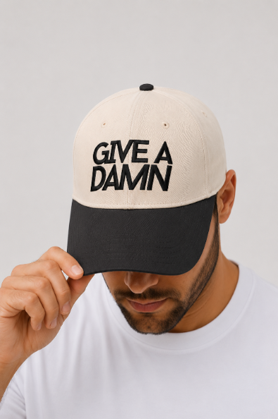 "Give a Damn" on Tan Cap with Black Bill